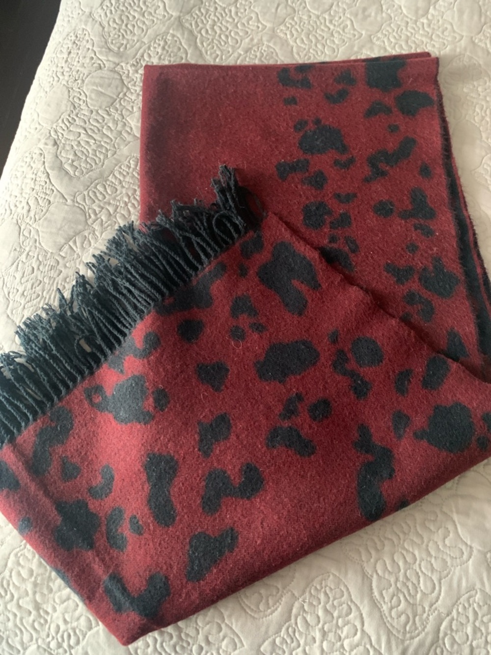 Red and Black Leopard Print Fringe Scarf